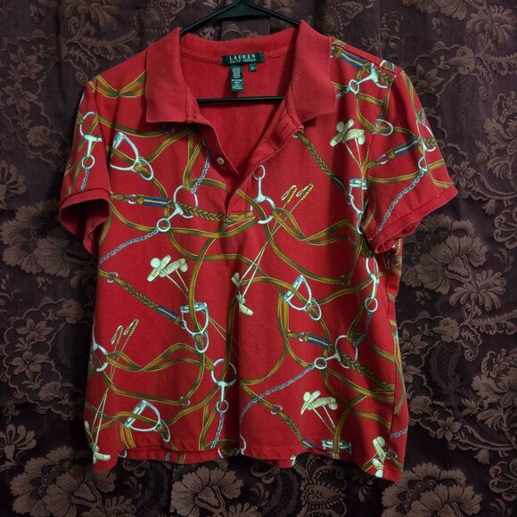 LAUREN RALPH LAUREN L Polo Top Vtg Equestrian Bridle Print Red Mallet Womens - Picture 1 of 5